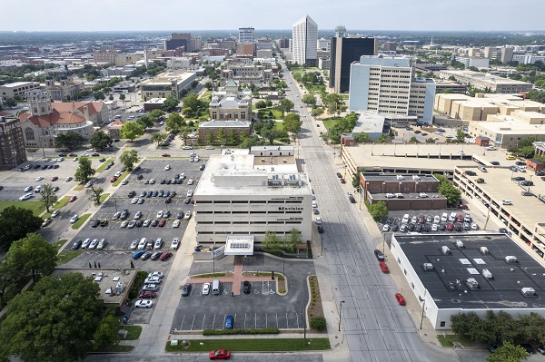 Aerial view of the Envision Main St. building and surrounding buildings